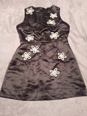 Black Satin Dress with Gem Stones Floral Appliqués